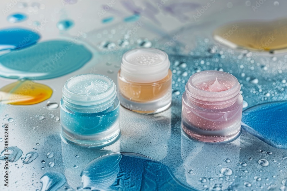 Facial composition skin care cream. Skincare treatment products: oil based cleanser lotion, skincare facial serum gel, oil, pipette with cellulite cream serum and anti aging skincare remedy jar pot Facial composition skin care cream. Skincare treatment products: oil based cleanser lotion, skincare facial serum gel, oil, pipette with cellulite cream serum and anti aging skincare remedy jar pot