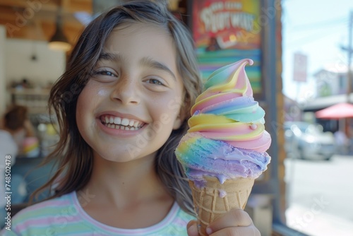 Young girl smiling while eating rainbow ice cream