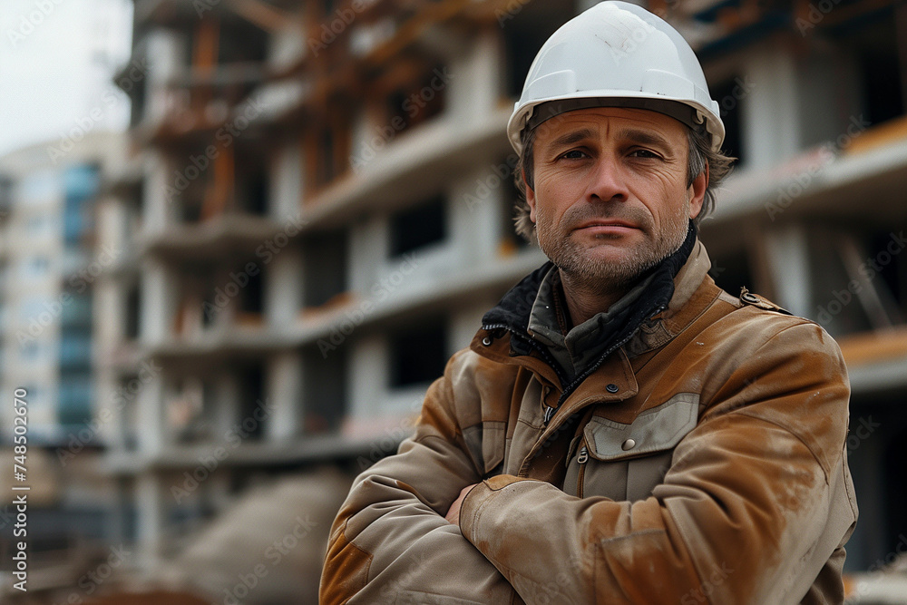 Portrait of mature civil engineer man wearing white hard hat and worker's uniform posing with crossed arms Portrait of mature civil engineer man wearing white hard hat and worker's uniform posing with crossed arms
