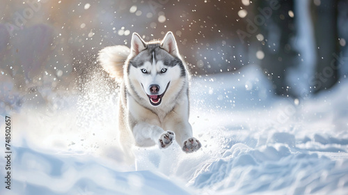 Siberian Husky running through the snow with fun and happiness. Ai generate. © MOUNTAIN