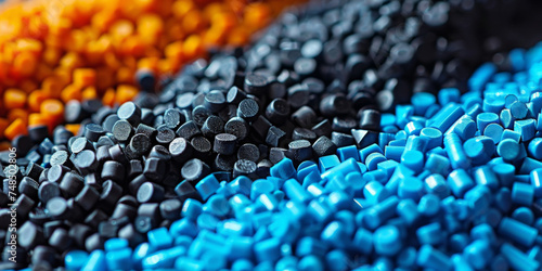 3d blue black tiny plastic cylindrical grains , blue plastic polymer pellets,polymer for pipes, Plastic and polymer industry,blue PVC granulate.Microplastic products.