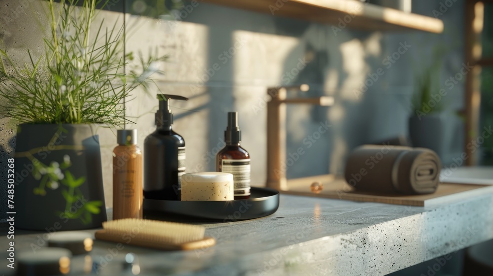 A tasteful arrangement of men's grooming products on a minimalist bathroom counter, evoking a sense of luxury and self-care. A tasteful arrangement of men's grooming products on a minimalist bathroom counter, evoking a sense of luxury and self-care.