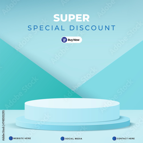super special discount template banner with blank space 3d podium for product sale with abstract gradient blue background design photo