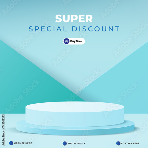super special discount template banner with blank space 3d podium for product sale with abstract gradient blue background design