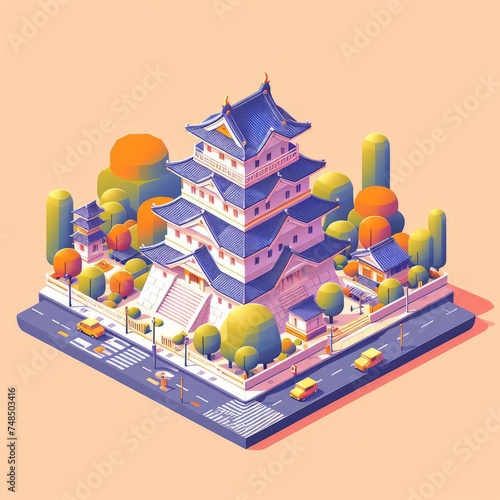 Isometric Landmark Design Japanese Traditional Castle with Relaxing Lo-Fi Vibes Illustration
