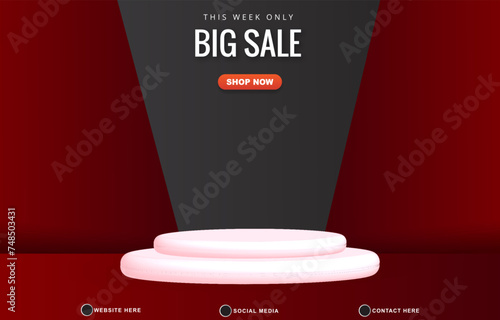 big sale discount template banner with blank space 3d podium for product sale with abstract gradient red background design