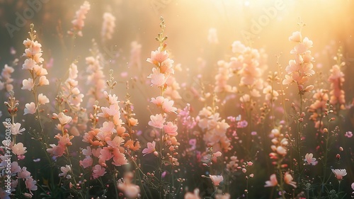 Soft-hued wildflowers in an ethereal sunlit meadow © Malika
