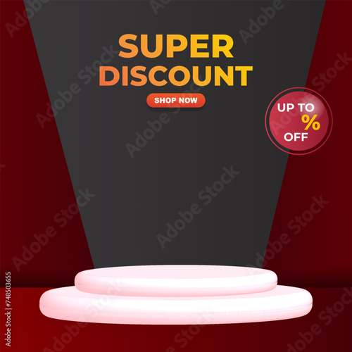 super discount sale template banner with blank space 3d podium for product sale with abstract gradient red and black background design