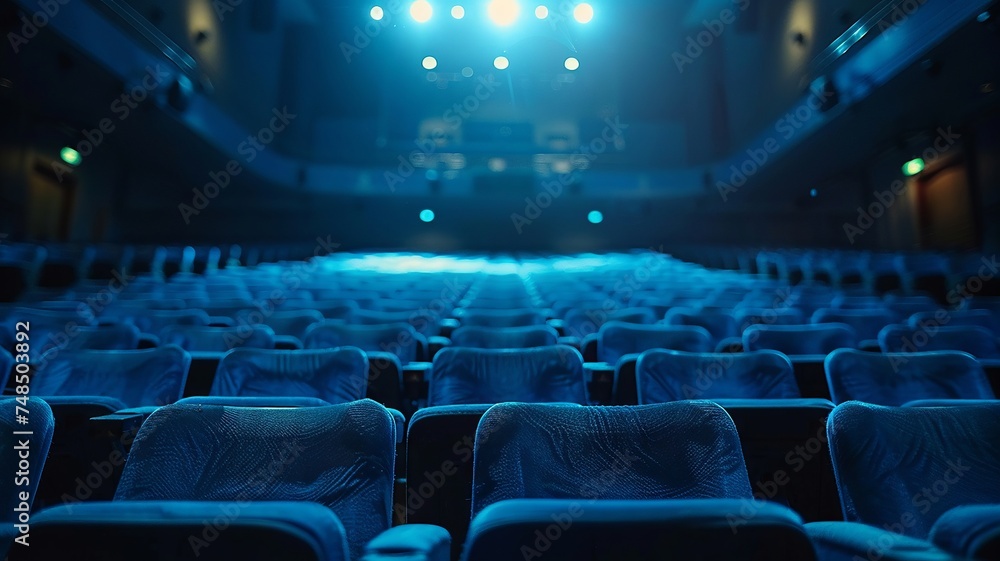 Empty auditorium awaits with rows of blue seats, anticipating an eager audience