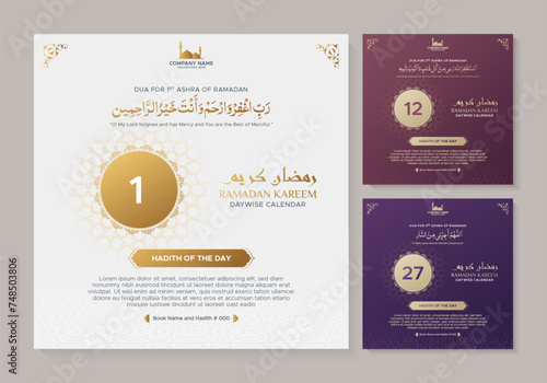 Ramadan kareem daywise calendar in three different colors, with 1st, 2nd and 3rd Ashra Dua in Arabic
