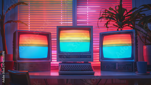Classic CRT monitors with colorful stripes in nostalgic room photo