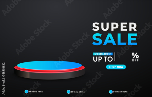 super sale discount template banner with copy space 3d podium for product sale with abstract gradient black background design