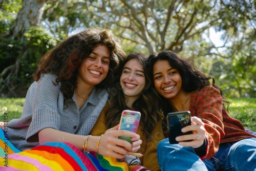 happy diverse three female friends picnic at park