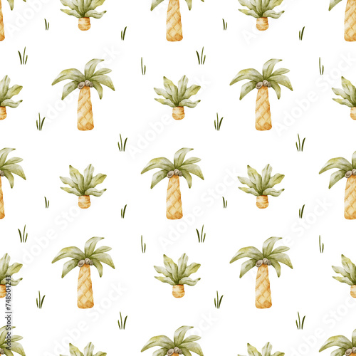 Palm trees and leaves in baby style. Tropical botanical background. Watercolor seamless pattern for design kid s goods cards  postcards  fabric  scrapbooking  office supplies