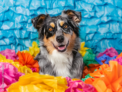 Portrait of a dog surrounded by paper flowers and a blue background, generative ai image