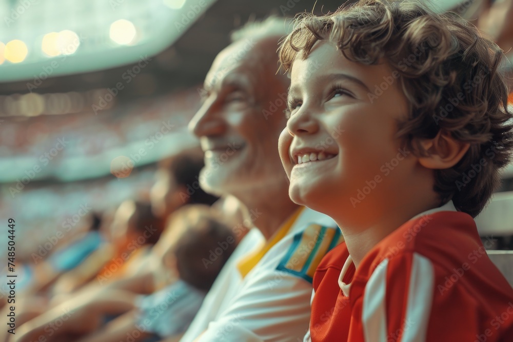 Happy kid watching sports match with his grandfather at stadium