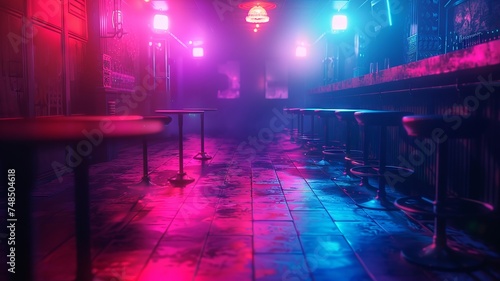 Nightclub's calm before the storm, with colorful lighting and vacant tables