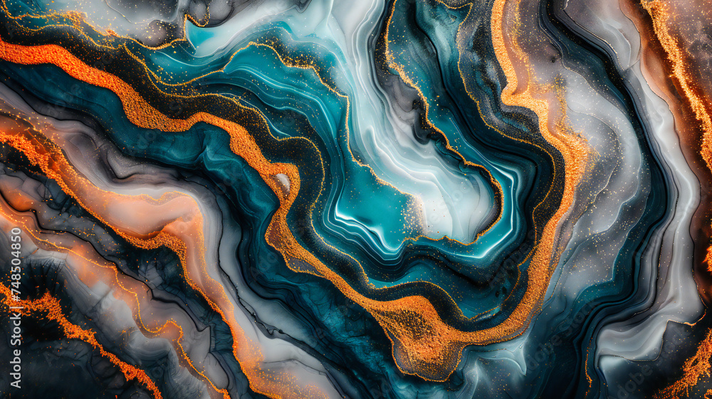 Blue and Gold Fluid Art Painting, Abstract Oceanic Waves Pattern, Watercolor Marble Texture Design Blue and Gold Fluid Art Painting, Abstract Oceanic Waves Pattern, Watercolor Marble Texture Design