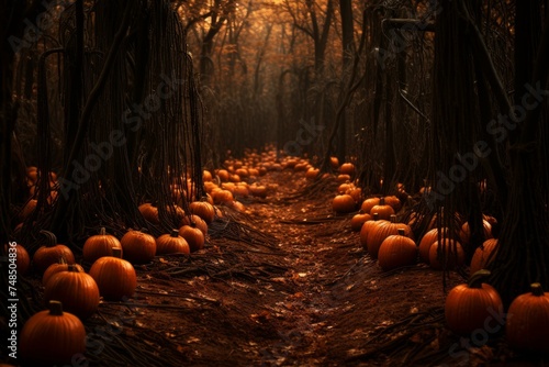 Enchanting Pumpkin forest halloween. Sky party. Generate Ai © juliars