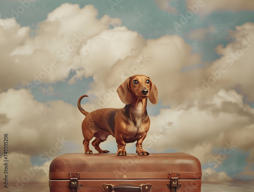 Excited dog on a suitcase, generative ai image