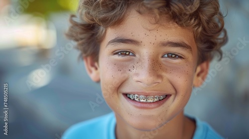 Smiling Schoolboy with Braces Generative AI photo