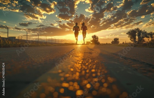two people running on a road as the sun sets, in the style of dynamic outdoor shots, dramatic poses, extreme angle, cleancore, photobash, participatory, photo taken with provia