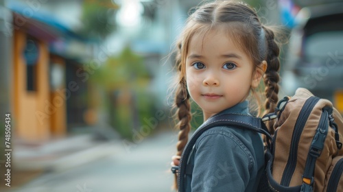 Young School Girl with Backpack Generative AI © Gro