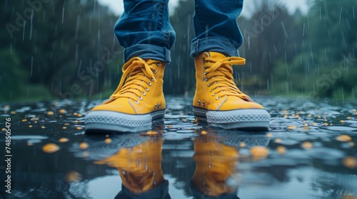 A Person Standing in the Rain with Yellow Sneakers Generative AI
