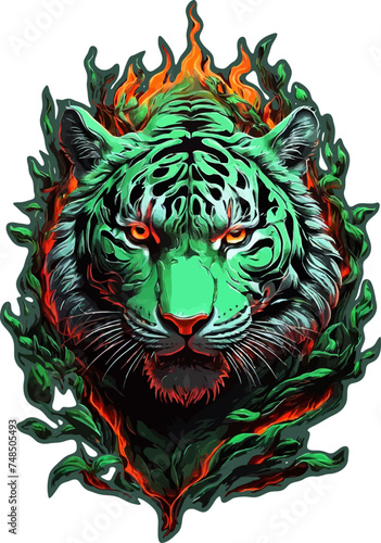Green tiger with root and fire vector illustration for t-shirt, stickers and others.