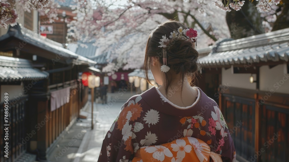 Japanese woman in kimono at Rokusanno Shrine during cherry blossom season in full bloom in Kyoto Japan Japanese woman in kimono at Rokusanno Shrine during cherry blossom season in full bloom in Kyoto Japan