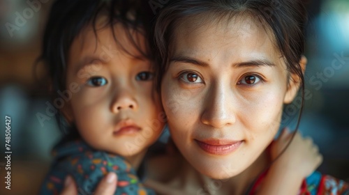Asian Mother and Child: A Close-Up Portrait Generative AI