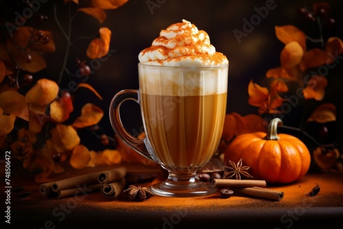 Creamy Pumpkin latte drink. Glass table. Generate Ai