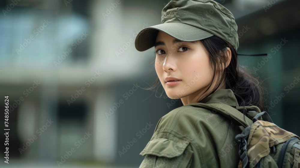 Woman in the army, portrait of a female soldier in military uniform Woman in the army, portrait of a female soldier in military uniform