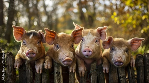 Quartet of swine friends huddle at the fence, eager for attention photo