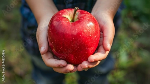 A young boy holds a big red apple in his hands, a symbol of health Generative AI