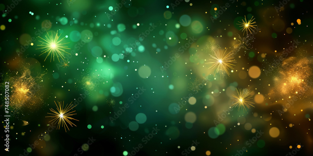 green and gold light bokeh fireworks background,Happy New Year, Beautiful creative holiday background with fireworks and Sparkling on green background, space for text	
