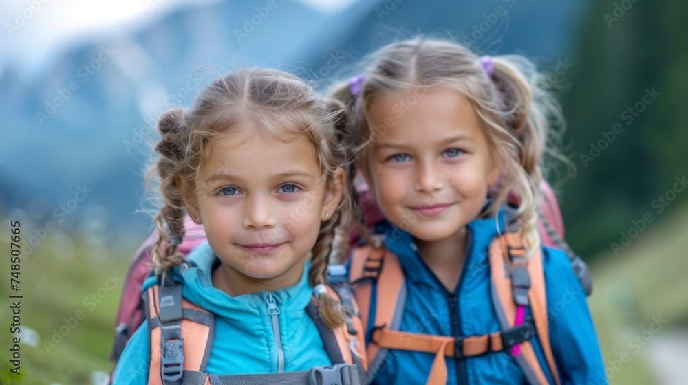 Twin Girls Hiking in the Mountains Generative AI
