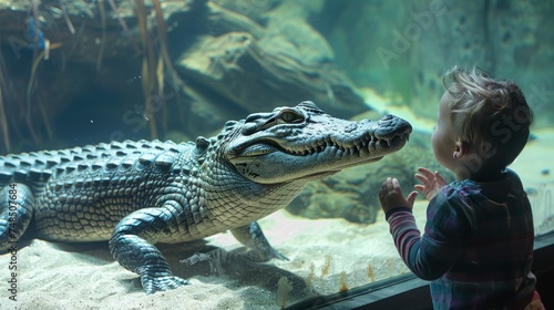 Children Marvel at Crocodiles in Aquarium Generative AI photo