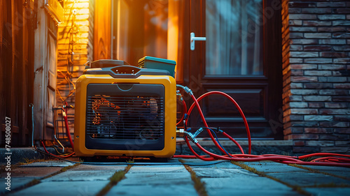 Portable generator connected with heavy-duty cables, stands ready for energy supply