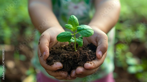 Young Hands Nurturing a Seedling: Earth Day Symbolism Generative AI