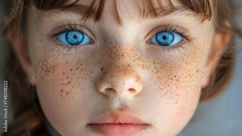 Freckled Beauty: A Close-Up of a Girl's Radiant Eyes Generative AI