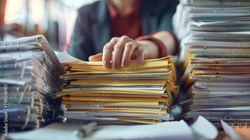 Businesswoman's hands working in pile of paper files to search and check unfinished documents on documents.