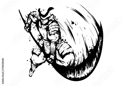 薙刀を振る武者の墨絵