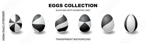 Black and white eggs collection with 3d realistic style geometric lines isolated on a transparent white background