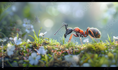 close up ant animal with plant and grass moss photo