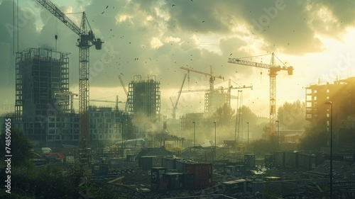 Urban development under cloudy heavens with cranes towering in the background photo