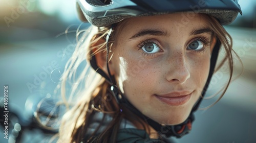Young Girl Wearing a Bicycle Helmet Generative AI