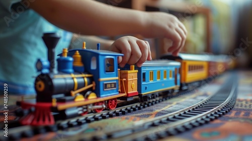 Young Engineer's Delight: A Boy's Captivating Playtime with a Vintage Train Set Generative AI