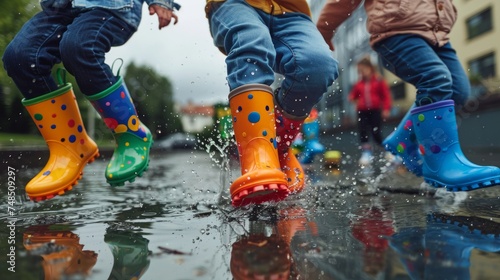 Children's Rain Boots Splashing in Puddles Generative AI