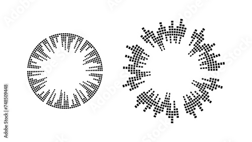 Circle sound wave. Audio music equalizer. Round circular icons set. Spectrum radial pattern and frequency frame. radio podcasts, music player, video editor, voice assistant, recorder. Vector design